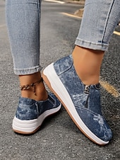 levne Dámské tenisky-dámské neformální modré džínové slip-on tenisky – stylové vycházkové boty na zip s polstrovanou podrážkou pro každodenní pohodlí