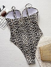 cheap One-piece swimsuits-Women&#039;s Swimwear One Piece Monokini Swimsuit Backless Tummy Control High Waist Slim Vacation Beach Wear Leopard Halter Neck Sleeveless Bathing Suits