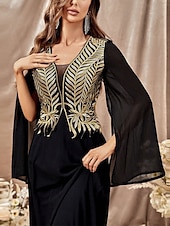 economico NERO-Abito da soirée a linea A elegante per matrimoni con strascico  strascico a spazzola maniche lunghe scollatura a V in chiffon con glitter