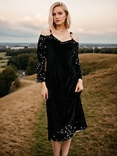 economico vestito da festa-Abito midi in velluto con spalle scoperte e scollo a V