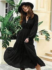abordables robe longue noire-robe noire à volants en patchwork pour femme, robe longue, maxi, manches lanternes, élégante, décontractée, unie, col en V, manches longues, rendez-vous quotidien, été, printemps, noir