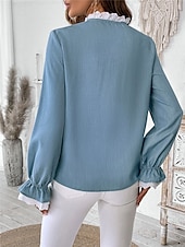preiswerte Elegante Oberteile-Damen Hemd Bluse Feste Farbe Basic Brautkleider schlicht Langarm V Ausschnitt Normale Oberteile Täglich Spitze Patchwork Knopf Blau Herbst Winter