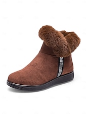 baratos Botas de neve e inverno-botins femininos de camurça bordô com punho de pele sintética e sola antiderrapante – calçados quentes de inverno para uso casual e ao ar livre