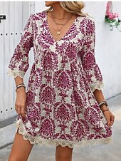 preiswerte Ausgefallene Kleider-Damen Minikleid Casual kleid Boho-Kleid Brautkleider schlicht Täglich Regular Fit Blumen 3/4 Ärmel V Ausschnitt Wein Blau Grün Sommer Frühling Herbst