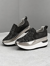 billige Sneakers til kvinner-svarte slip-on joggesko for kvinner med glitterpynt og plattformsåle – stilige fritidssko for hverdagsbruk