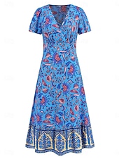 abordables Robes Bohémiennes-Femme Robe mi-longue Robe casual Robe Évasée Robe Trapèze robe boheme Bohême Décontractées du quotidien Standard Floral Manche Courte Col V Rouge Bleu Fuchsia Eté Printemps