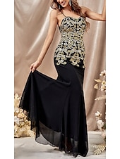 preiswerte SCHWARZ-Meerjungfrau/Trompete Abendkleid elegantes Kleid Hochzeitsgast Sweep/Pinsel Schleppe ärmellos V-Ausschnitt Chiffon Satin mit Glitzer 2025