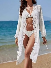 baratos Vestidos de Praia-Mulheres Roupa de Banho Cobertura roupa de banho Elegante Moda Poá Manga Longa Fatos de banho