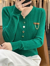 cheap Solid Colors-Women&#039;s Pullover Sweater Jumper Stylish Casual Soft Solid Color Ribbed V Neck Buttons Long Sleeve Regular Tops Knit Outdoor Daily Going out Black White Fall Winter