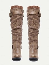 cheap Slouch Boots-Women&#039;s Distressed Tan Slouchy Knee-High Boots with Buckle Straps and Wedge Heel – Cozy Winter Boots with Knit Cuff for Casual Outfits