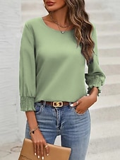 preiswerte Damen Einfache Oberteile-Damen Hemd Bluse Feste Farbe Basic Brautkleider schlicht Langarm Rundhalsausschnitt Normale Oberteile Täglich Patchwork Knopf Wein Blau Grün Herbst Winter
