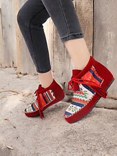 cheap Ankle Boots-Women&#039;s Boho Ankle Boots with Ethnic Print Panels, Tassel Lace-Up Design, and Comfortable Low Sole – Perfect for Casual and Festival Wear