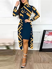 preiswerte Blusenanzüge für Damen-Damen Kleid-Set Casual kleid Brautkleider schlicht Leopard Farbblock Bedruckt Midikleid Langarm Ständer Outdoor Täglich Gelb Rote Marinenblau Sommer Frühling Regular Fit