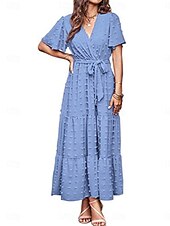 billige Arbeidskjoler-kvinners ensfarget slips foran v-hals lang kjole maxi kjole elegant bohemia fest daglig sommer