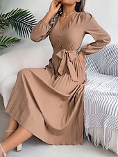 cheap Work Dresses-Women&#039;s Vintage Dress Mini Dress Pleated High Waist Elegant Formal V Neck Long Sleeve Blue Green Khaki Color