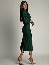 abordables robe noire midi-Robe en maille Robe d&#039;hiver Femme Robe mi-longue Couleur unie Robe chic Bureau Patchwork manche longue Col V Robe Standard Vert militaire Noir Automne Hiver S M L XL XXL