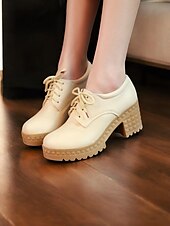 cheap Women&#039;s Oxfords-Women&#039;s Ivory Lace-Up Platform Oxford Shoes – Chunky Heels with Textured Soles for Casual and Office Wear
