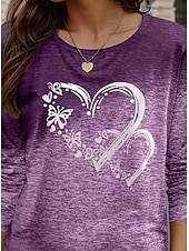 billige Kunst &amp; Design t-skjorte-Valentine Dame Hjerte T Skjorte Casual Vanlige topper Lang erme Crew Neck Print Vanlig passform Daglig Lilla Vår Høst