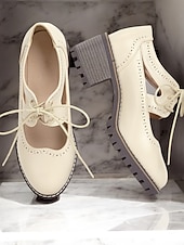 tanie Oksfordki damskie-kremowe, sznurowane, damskie buty typu oxford z wycięciami i grubą podeszwą – obuwie casualowe vintage do noszenia na co dzień