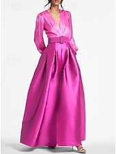 abordables VERT-Robe de soirée en A-Line élégante invitée de mariage formelle longueur au sol manches courtes encolure en V ceinture  sash satin avec plis 2025