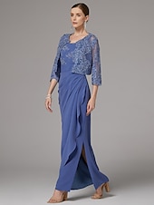 voordelige Met Jas-Twee Delige Sheath Jurk Strandbruiloft Moeder van de Bruid Jurk Elegante Sprankel  Glans Juweel Hals Enkele Lengte Kant Stretch Stof 3/4 Lengte Mouw met Kant