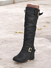 cheap Slouch Boots-Women&#039;s Distressed Tan Slouchy Knee-High Boots with Buckle Straps and Wedge Heel – Cozy Winter Boots with Knit Cuff for Casual Outfits