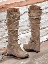 cheap Slouch Boots-Women&#039;s Distressed Tan Slouchy Knee-High Boots with Buckle Straps and Wedge Heel – Cozy Winter Boots with Knit Cuff for Casual Outfits