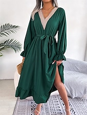 abordables Robe de cocktail-Robe casual Robe Évasée Robe Trapèze Femme Robe mi-longue Patchwork Avec ceinture Sport &amp; Loisir Plein Air Décontractées Col V manche longue Standard Noir Vin Vert S M L XL