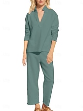 cheap Sets-Women&#039;s Linen-Inspired Sets Two Piece Sets Blouse Chinos Long Sleeve Solid Color Navy Blue Green Beige Fall Regular Fit