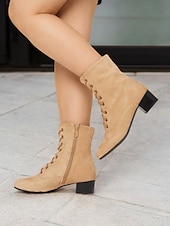 abordables Années 1950-bottes mi-mollet à lacets en daim marron clair pour femmes avec fermeture éclair latérale – chaussures décontractées vintage pour un usage quotidien