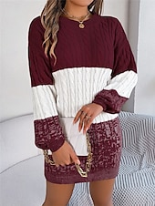 cheap Sweater Dress-Women&#039;s Sweater Sweater Dress Casual Soft Color Block Ribbed Crew Neck Knitted Long Sleeve Long Tops Knit Outdoor Daily Weekend Black Wine Fall Winter