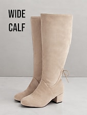 abordables Bottes à la mode-bottes hautes en daim beige à mollet large pour femmes avec talons épais – chaussures confortables et élégantes pour les tenues décontractées et hivernales