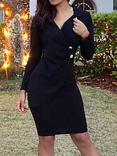 cheap Work Dresses-Women&#039;s Casual Dress Mini Dress Patchwork Buttons Casual Formal V Neck Long Sleeve Black Wine Gray Color