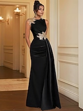 tanie Suknie balowe na wieczór-Suknia Wieczorowa Sheath Elegancka Sukienka Formalna Długość do Podłogi Bez Rękawów Dekolt w Kształcie Klejnotu Kieszeń Satynowa z Haftem