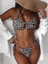cheap Bikini Sets-Women&#039;s Swimwear Bikini 2 Piece Cheeky Swimsuit Backless Slim Vacation Beach Wear Solid Color Leopard Halter Neck Sleeveless Bathing Suits