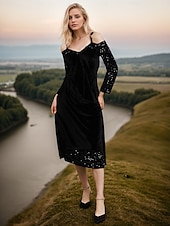 economico vestito da festa-Abito midi in velluto con spalle scoperte e scollo a V