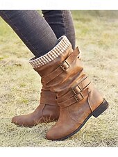 tanie Buty typu slouch-damskie buty ze skóry ekologicznej do połowy łydki z dzianinowym mankietem i podwójnymi paskami ze sprzączką – wygodne i stylowe obuwie zimowe