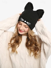 cheap Women&#039;s Hats-Women&#039;s Cute Cat Ear Beanie – Burgundy Knit Hat with Faux Fur Ears and Whisker Embroidery, Cozy and Stylish Winter Accessory
