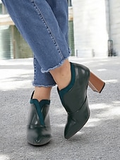 baratos Botas de tornozelo-botins femininos de couro sintético verde com bico fino e salto bloco – sapatos modernos e sofisticados para uso no escritório e na noite