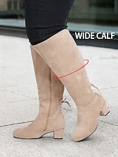 abordables Bottes à la mode-bottes hautes en daim beige à mollet large pour femmes avec talons épais – chaussures confortables et élégantes pour les tenues décontractées et hivernales