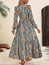 ieftine Rochii Boho-Pentru femei Rochie Maxi Rochie casual Rochie leagăn Rochie A line Rochie Boho Boemia Epocă Έθνικ Zilnic Fit regulat Imprimeu Paisley Manșon Lung Stil Nautic Albastru piscină Vară Primăvară Toamnă