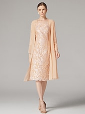 economico Con giacca-Abito a Due Pezzi Mother of the Bride Elegante Collo Gioiello Lunghezza al Ginocchio in Chiffon pizzo Maniche a Tre Quarti Inclusa la Giacca con Applicazioni in Perline Abito per la Giornata delle