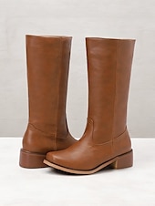 levne Cowboy &amp; Western Boots-dámské hnědé westernové kovbojské boty z umělé kůže - výška do půl lýtek s naskládaným podpatkem pro ležérní outfity a outfity ve venkovském stylu
