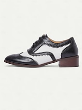 abordables Richelieu femme-chaussures richelieu brogue noires et blanches pour femmes - chaussures habillées vintage en similicuir à bout golf bicolore pour occasions formelles