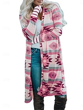 billige Cardigans og yttertøy-Dame Uformell jakke utendørs Gate Dagligdagstøy Høst Lang Frakk Normal Hold Varm Pustende Stilfull Fritid Jakker Langermet Geometrisk Trykt mønster Rosa Brun Regnbue
