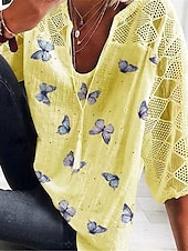 preiswerte Spitzenoberteile-Damen Hemd Bluse Schmetterling Täglich Basic 3/4 Ärmel V Ausschnitt Normale Oberteile Täglich Patchwork Bedruckt Weiß Gelb Blau Sommer Frühling