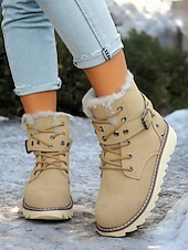 abordables Botas de nieve e invierno-Botas de nieve de invierno para mujer de color marrón con forro de piel sintética: botas cálidas y aislantes para exteriores con detalle de hebilla y suela antideslizante para clima frío