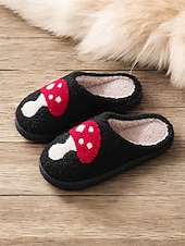 economico Ciabatte e infradito da donna-pantofole da interno nere comode da donna con ricamo a forma di fungo rosso - fodera in peluche, suola antiscivolo, perfette per il relax invernale in casa
