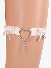 voordelige Damesarmband-Zwarte strik dijbeenketting harnas voor dames – sexy elastische kousenband met zilveren kettingaccenten, ideaal voor lingerie en festivaloutfits