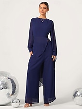 olcso Kétrészes készletek-női esküvői vendég jumpsuit elegáns sötétkék hosszú áttetsző ujjú széles láb elegáns esti parti viselet kerek nyakkivágás tavasz nyár ősz